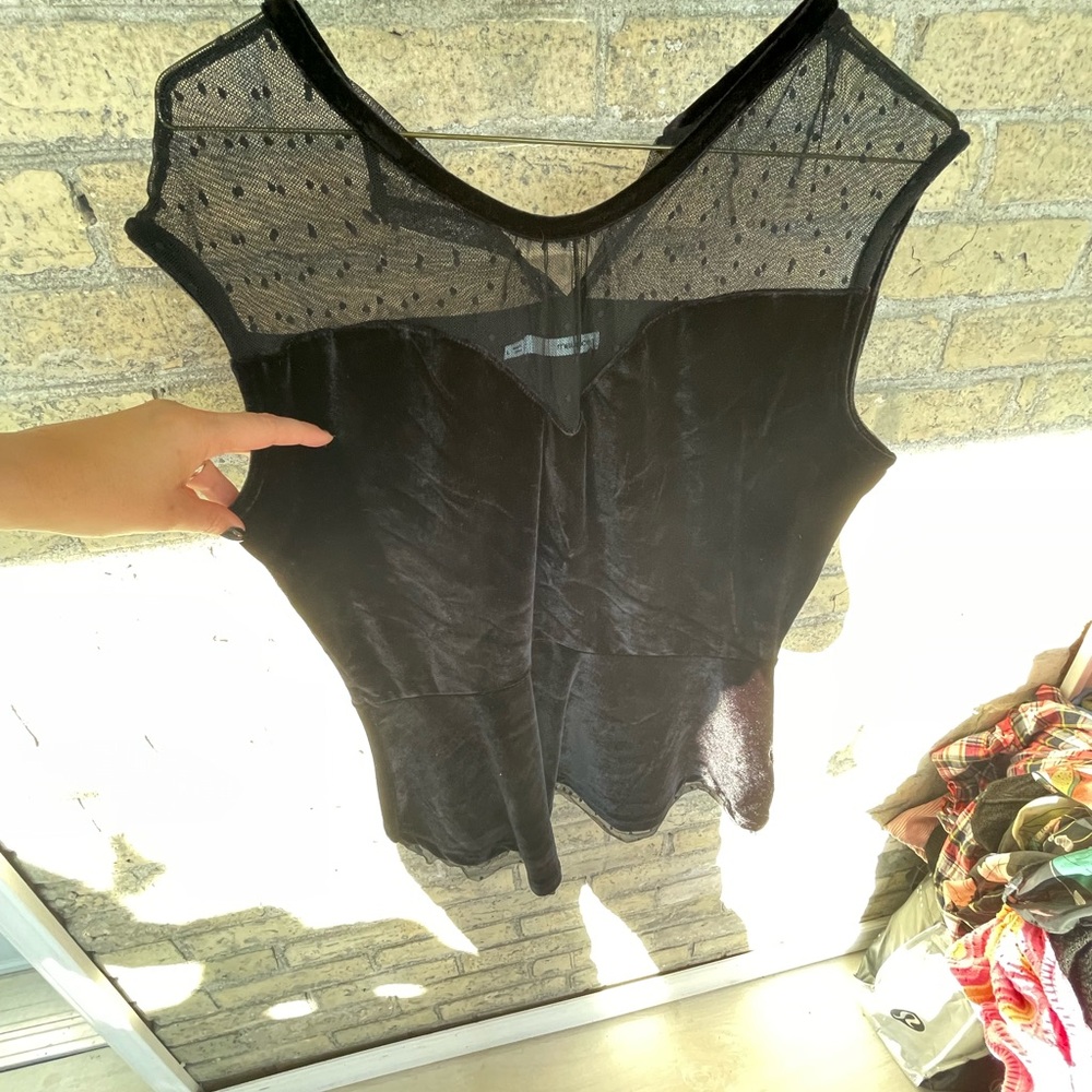 Maurices velvet Black Top with Sheer Polka Dot